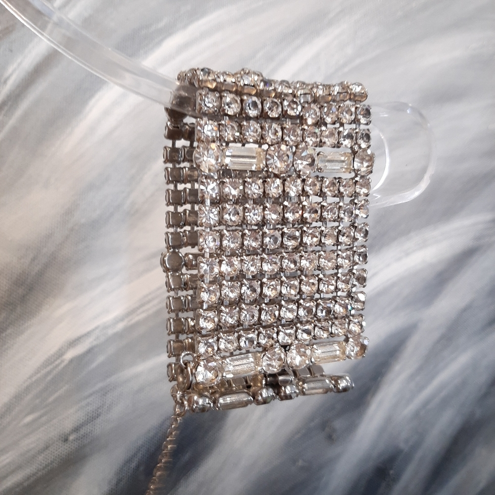 VINTAGE 90s Faux Diamond Cuff Bracelet Silver Bridal Wedding Wide Statement